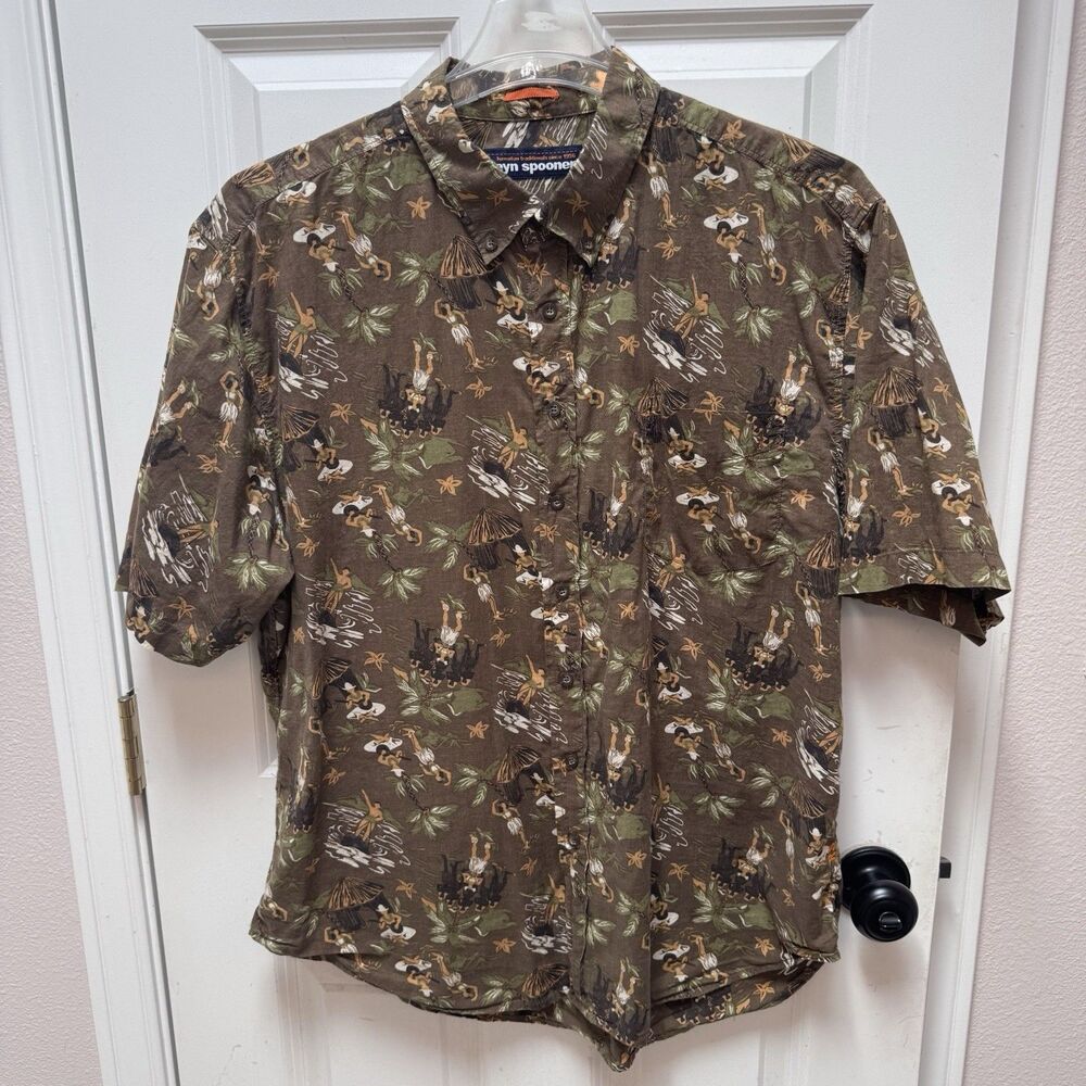 Reyn Spooner Mens Brown Hula Dancer Palm Tree Hawaiian Button Down Shirt XXL Vtg